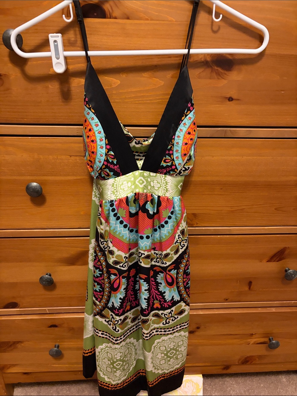 Plunging Boho Print Maxi Dress in Black, Lime & Turquoise